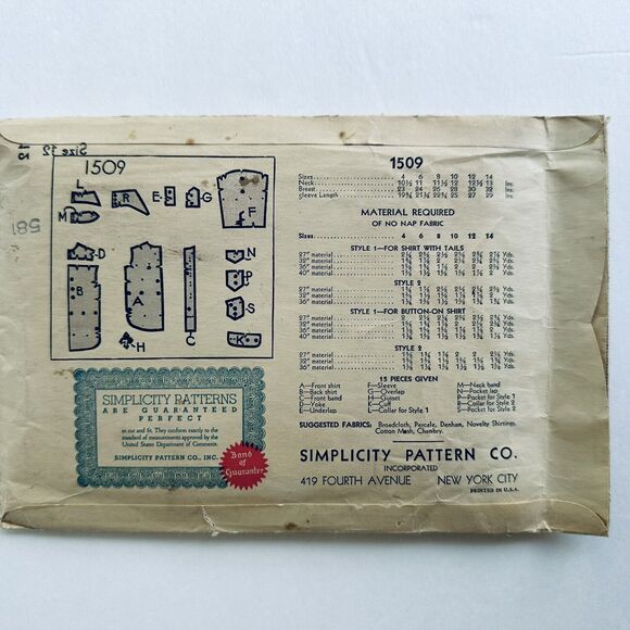 Antique SIMPLICITY Sewing Pattern Vintage 1930s UNMARKED Boys Shirt 1509 Size 12 - Picture 3 of 3